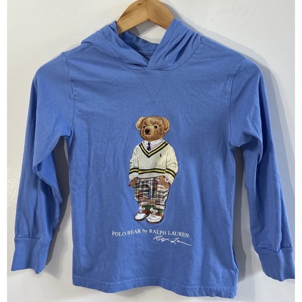 Boys Polo Ralph Lauren Polo Bear Blue L/S Tee Shirt Hoodie Hooded Med 10-12